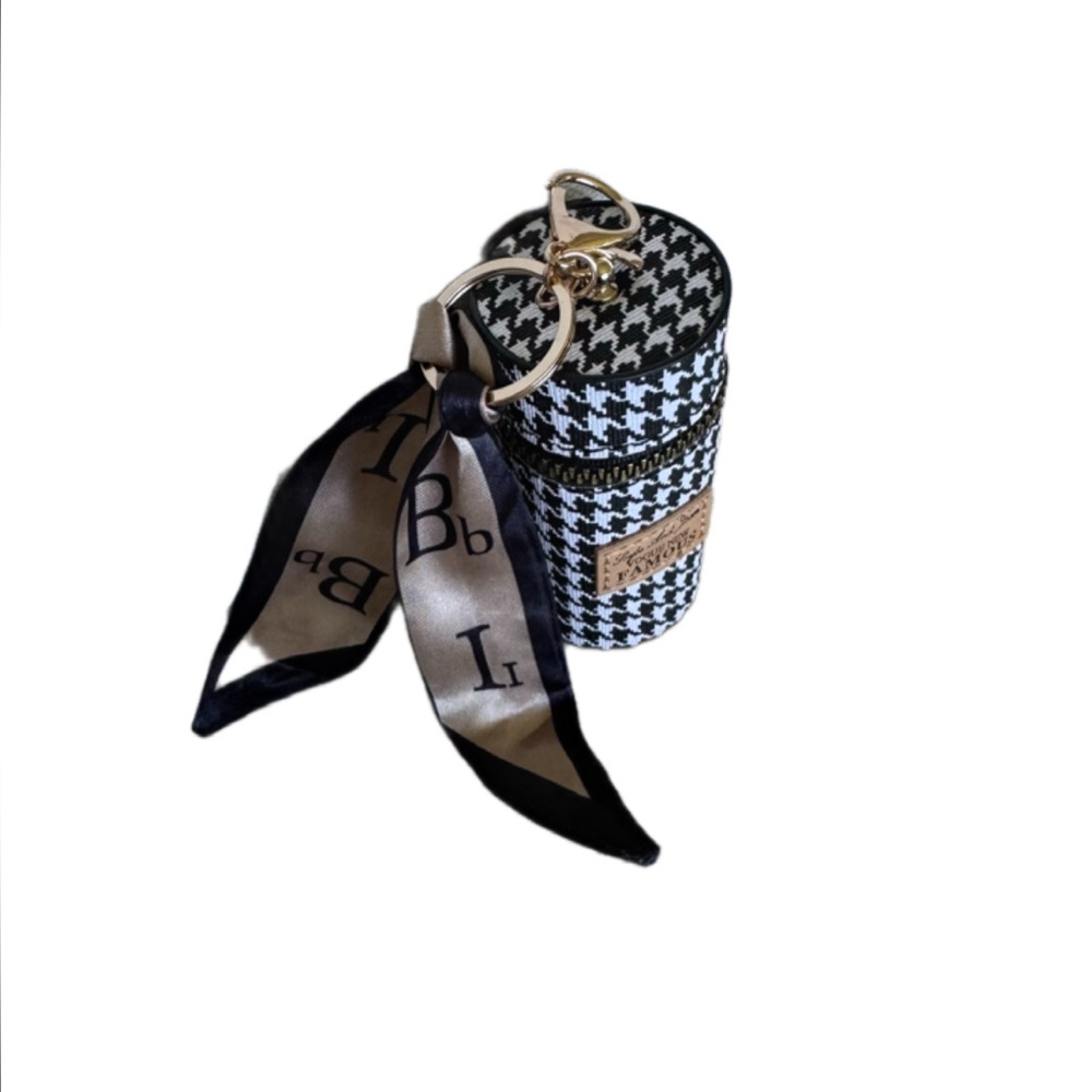 Black and White Bag Charm and Lipstic Holder Houndstooth Cylinder Bag - Picture 4 of 5